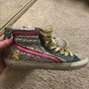 Golden Goose Silver Glitter Sneakers with Gold Laces